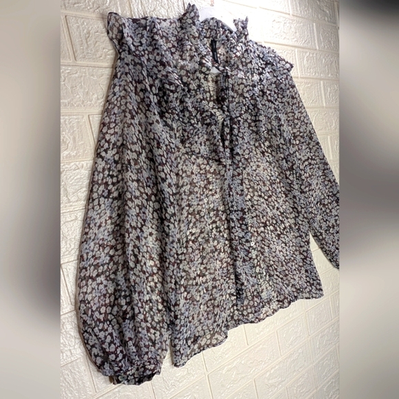 237-Mango Sheer Multicolor Floral Blouse - Picture 1 of 7